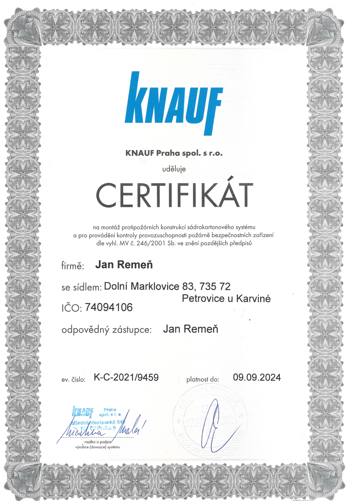 Knauf Certifikát