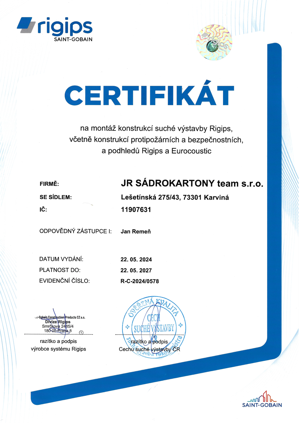 Rigips certifikát